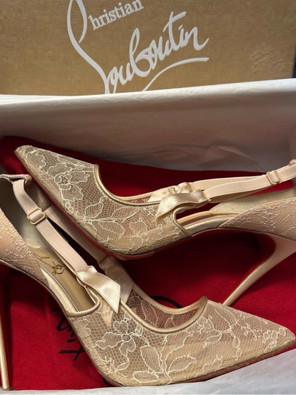 Christian Louboutin Lace Pointed-Toe Ankle Tie Pumps in Beige - Picture 2 of 4